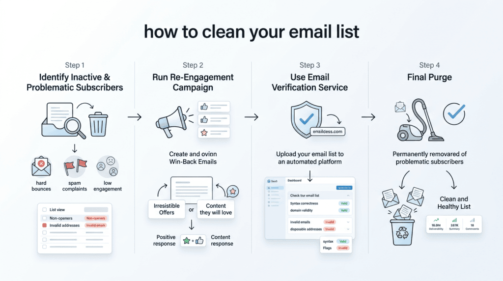 Step-by-step workflow diagram showing the process of how to clean your email list for improved subscriber hygiene.