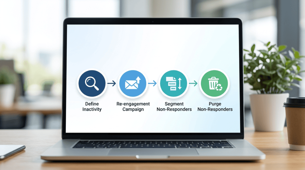 Workflow diagram for email list cleaning and re-engagement, improving email deliverability guide.