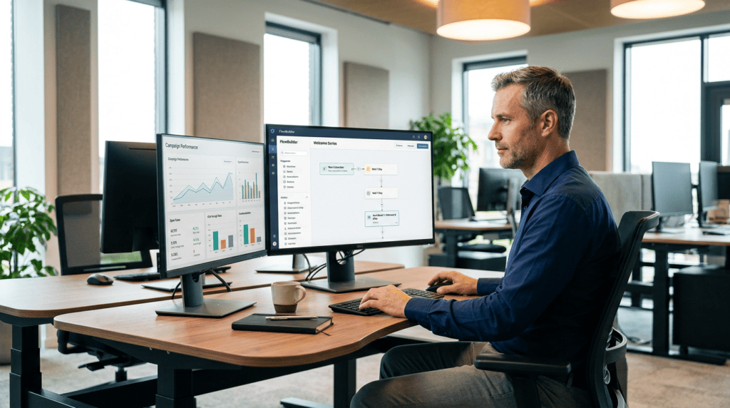 Professional setting up email marketing automation workflows on an ESP dashboard, demonstrating sending campaigns.