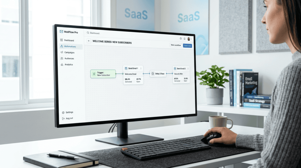 Email marketing automation software dashboard showing a visual workflow builder for setting up an automated welcome sequence.