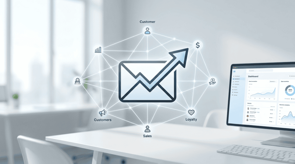 What is email marketing this Email marketing concept showing direct communication and business growth with a stylized email icon and upward arrow.