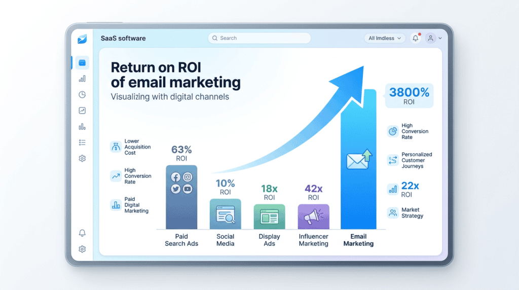Infographic showing email marketing's high ROI compared to other digital marketing channels.