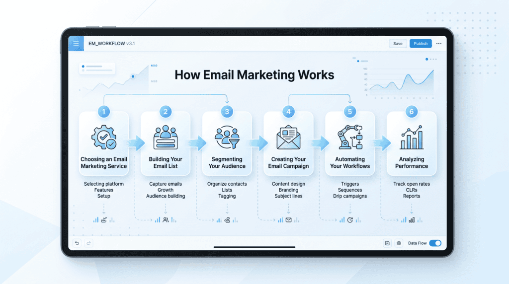 Workflow diagram showing the six steps of how email marketing works, from choosing a platform to analyzing performance.