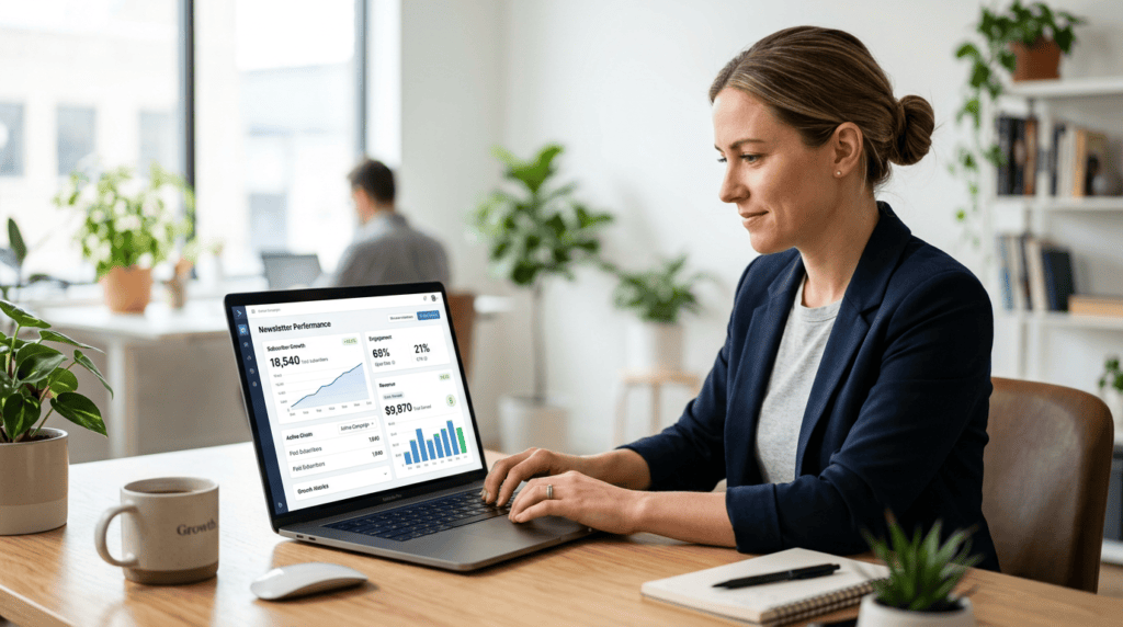 Professional working on laptop, screen showing email newsletter growth and monetization strategies.