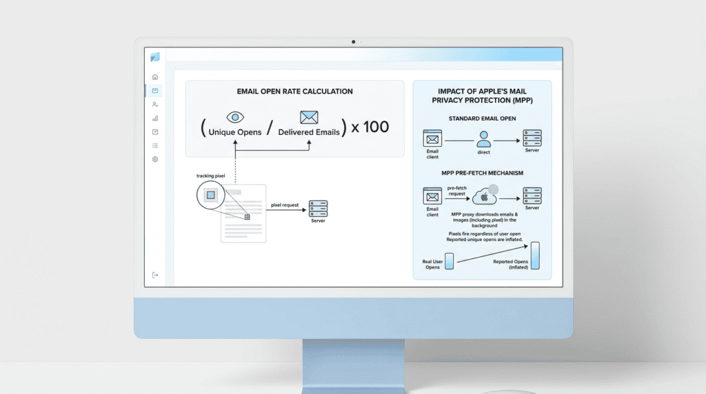 Diagram explaining email open rate calculation and the impact of Mail Privacy Protection.