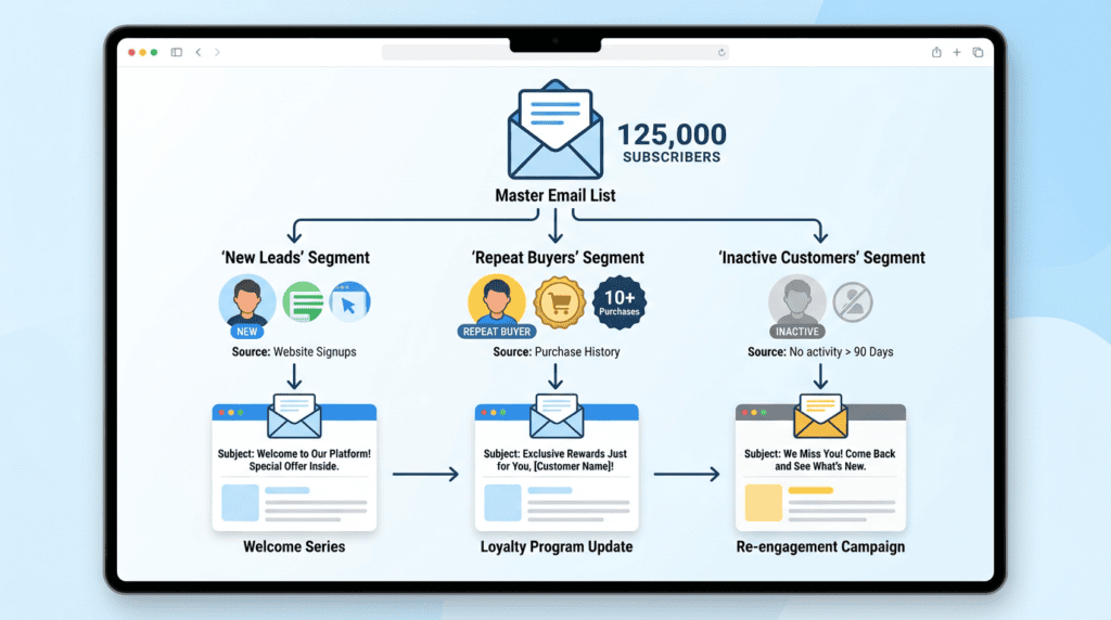 Infographic showing email list segmentation leading to personalized email campaigns.