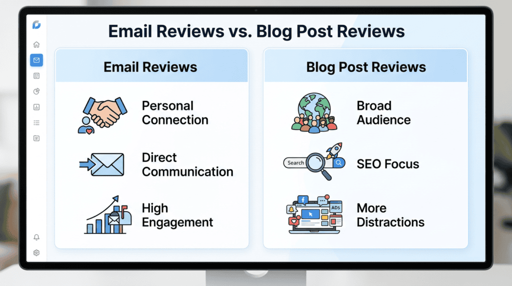 Infographic comparing email reviews and blog post reviews, highlighting personal connection in emails.