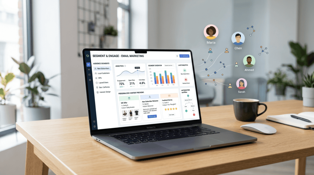 Laptop screen showing email segmentation dashboard with diverse audience groups and personalized content previews.
