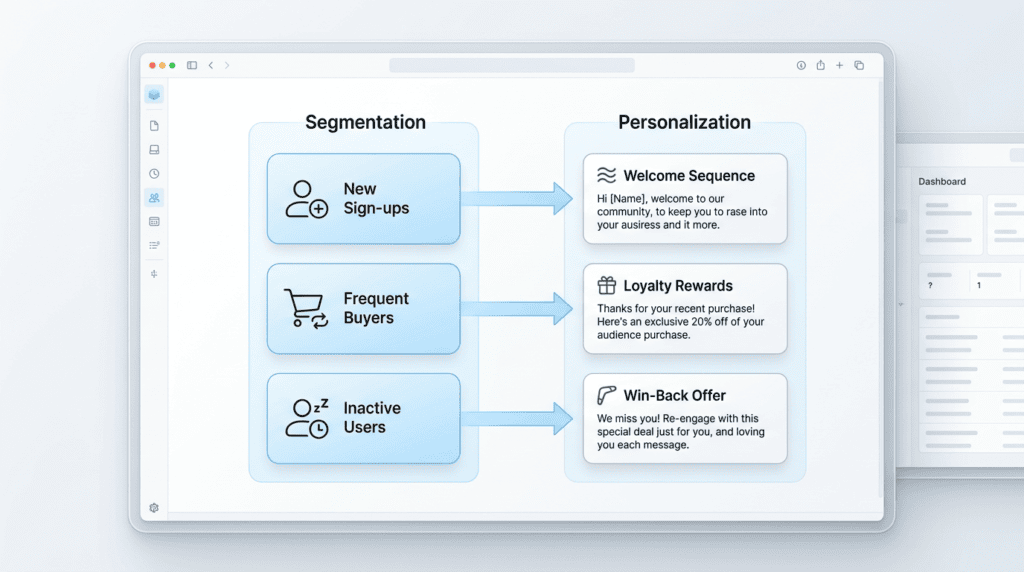 Diagram showing email segmentation as foundation for personalization, with audience groups leading to tailored messages.