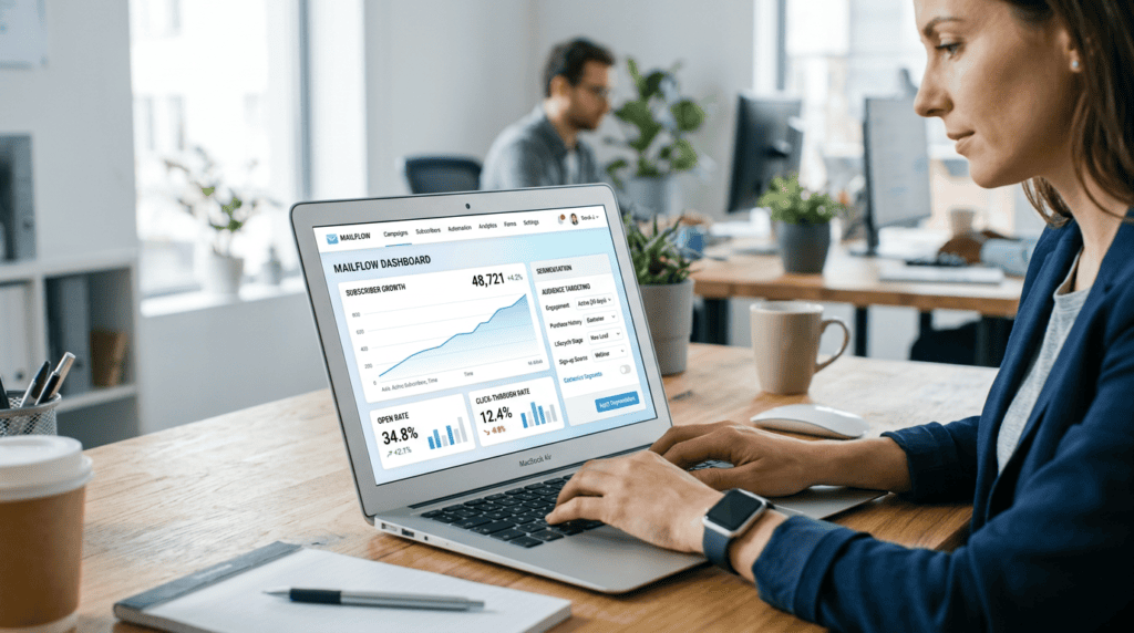 Modern email service provider dashboard showing subscriber growth, open rates, and segmentation features.