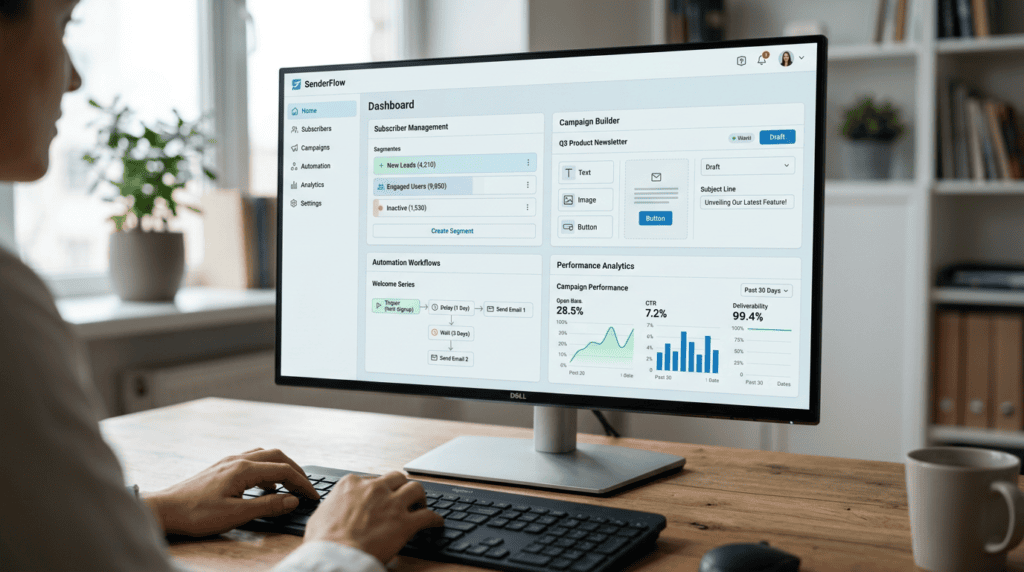 Desktop monitor displaying a modern email service provider dashboard with subscriber management and automation features.