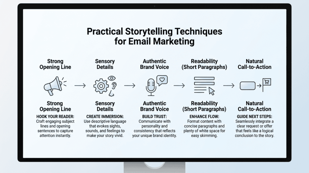 Workflow diagram illustrating practical storytelling techniques for engaging email marketing.
