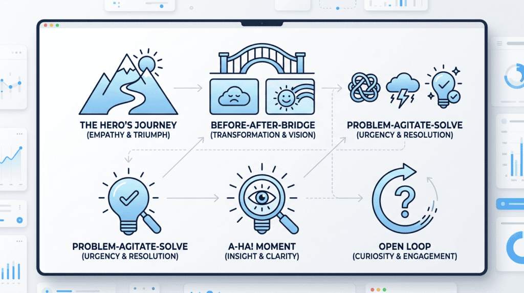 Infographic showing five essential storytelling frameworks for email marketing campaigns.
