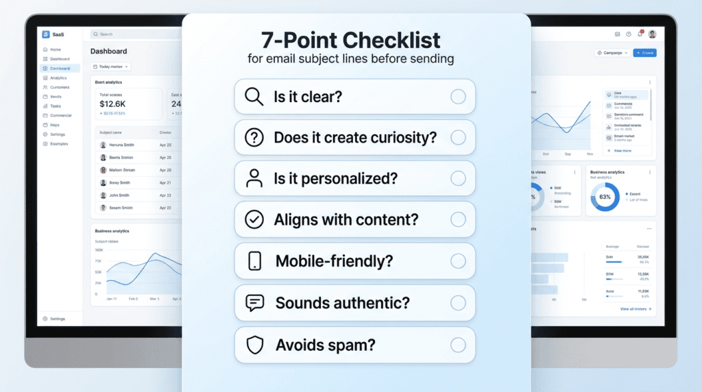 Infographic checklist of 7 questions to ask before sending email subject lines.