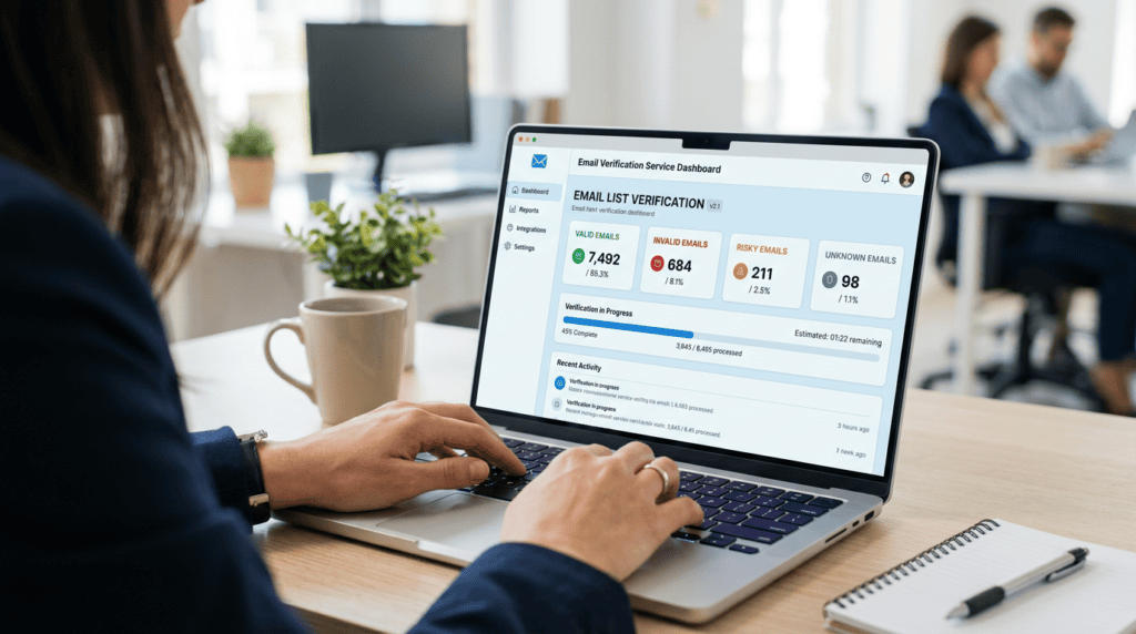 Email verification service dashboard on a laptop, showing valid, invalid, and risky email categories for list cleaning.