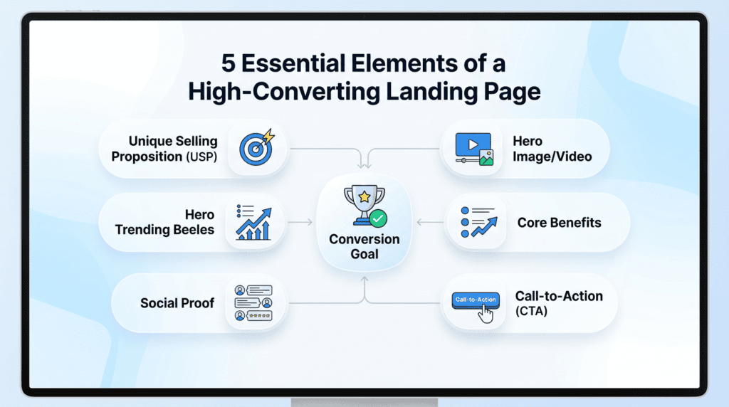 Infographic showing the 5 essential elements for a high-converting landing page.