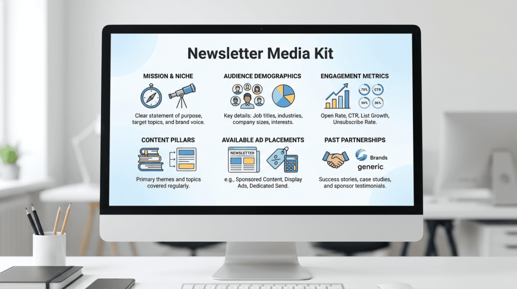 Infographic outlining essential components for a professional email newsletter media kit.