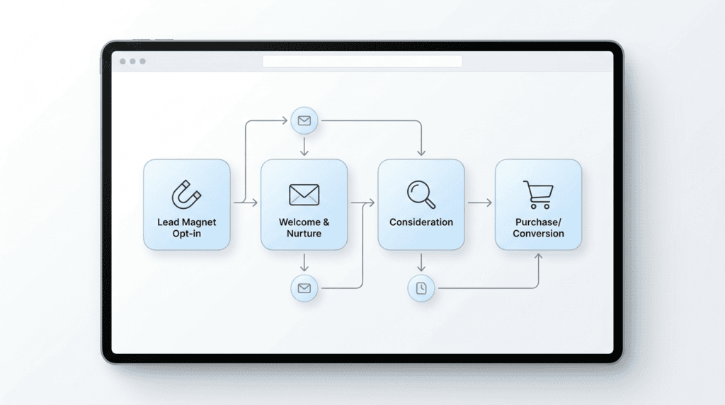 Workflow diagram showing the customer journey through an evergreen email funnel from lead magnet to purchase.