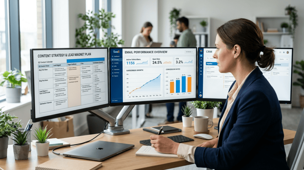 Digital marketer analyzing email subscriber growth on a multi-monitor setup, offering final recommendations.