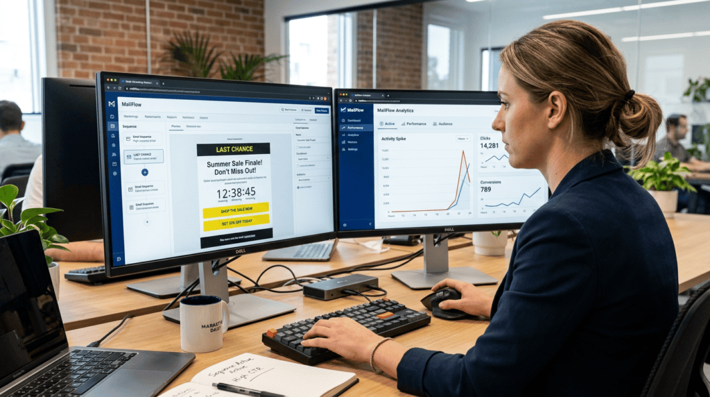 A marketing professional finalizing a last-chance urgency email sequence for a product launch on multiple screens.