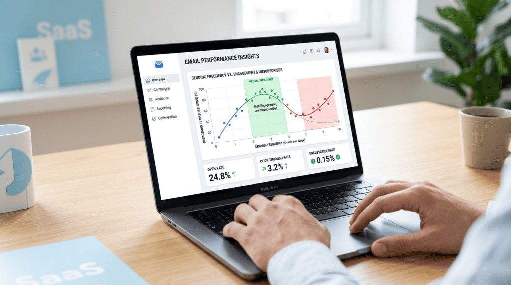 Professional hands adjusting email marketing frequency on a laptop dashboard showing how often should you send marketing emails