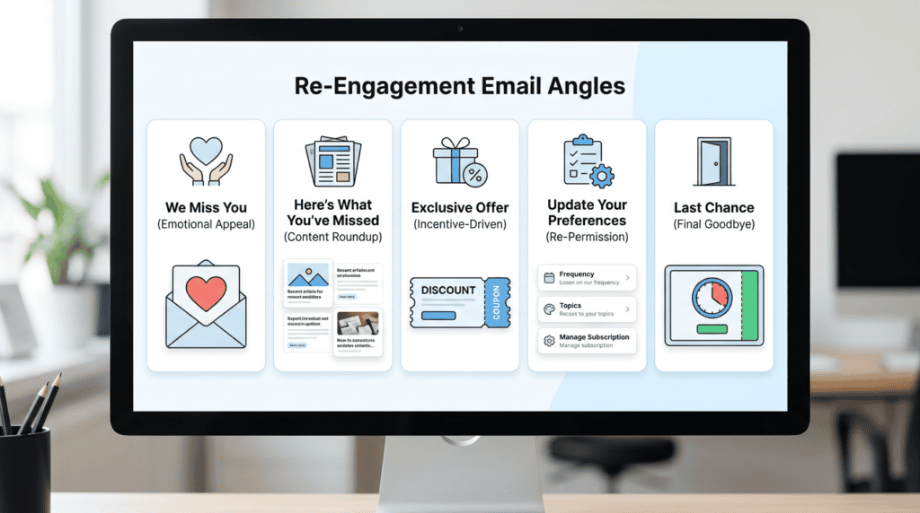 Infographic showing five proven re-engagement email angles for winning back inactive subscribers.