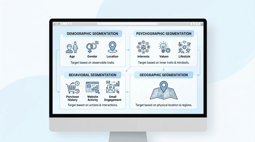 Infographic detailing four core email segmentation types: Demographic, Psychographic, Geographic, and Behavioral.