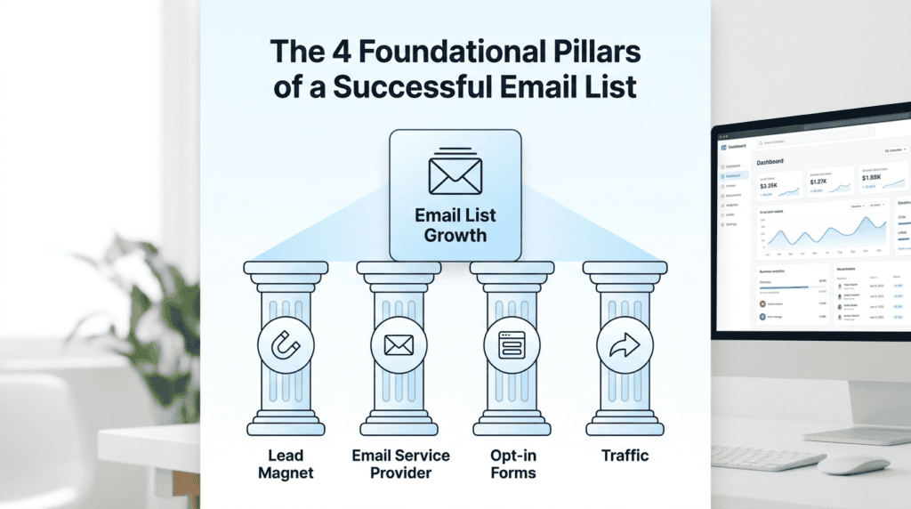 Infographic showing the four foundational pillars for building a successful email list.