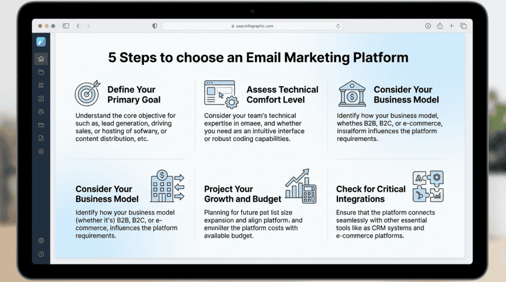 Infographic outlining a 5-step framework for choosing the best email marketing platform for a business.