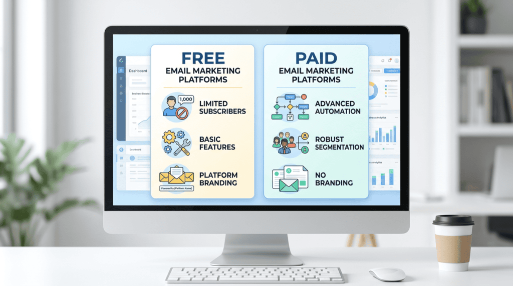 Comparison visual on a monitor showing limitations of free vs. benefits of paid email marketing platforms.