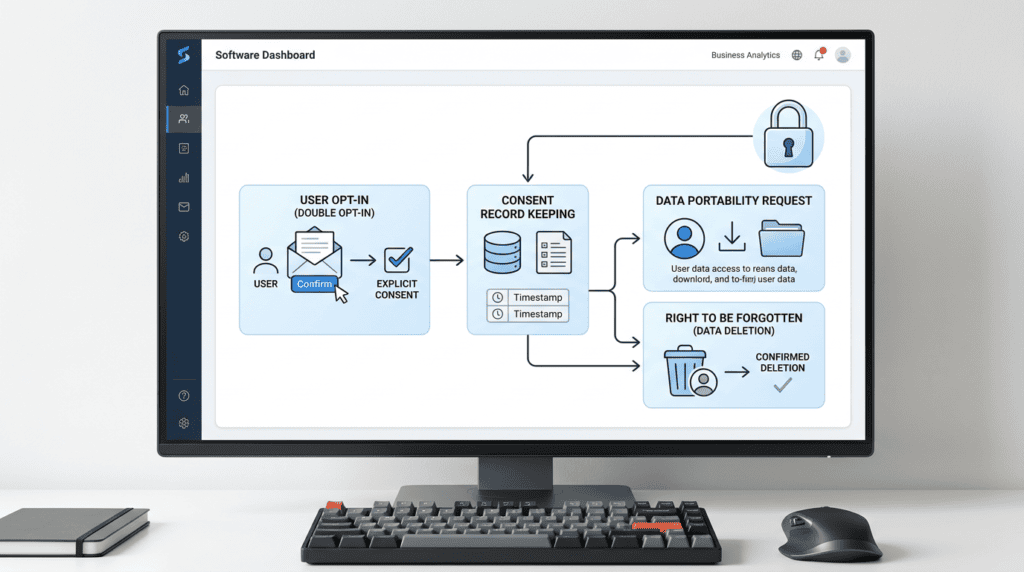 Workflow diagram illustrating GDPR compliance steps for email marketing, including explicit consent and data rights.