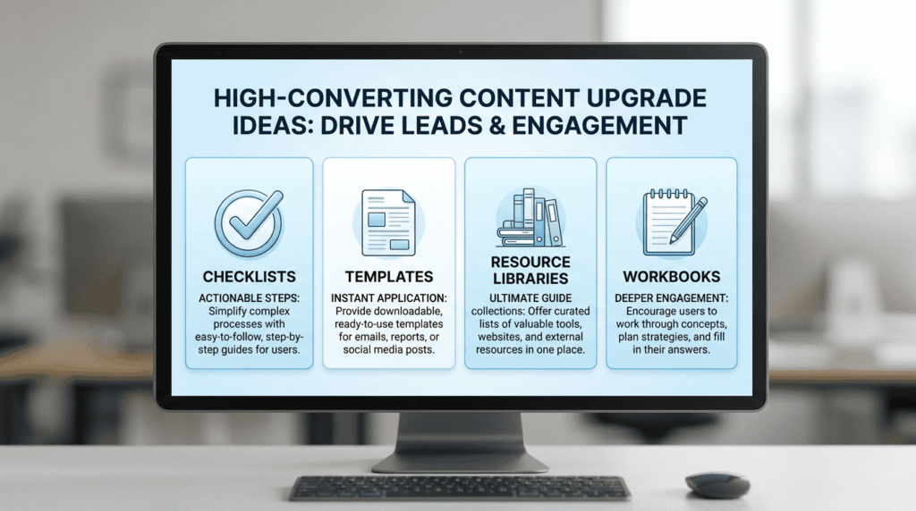 Infographic displaying various content upgrade ideas like checklists, templates, and resource libraries.