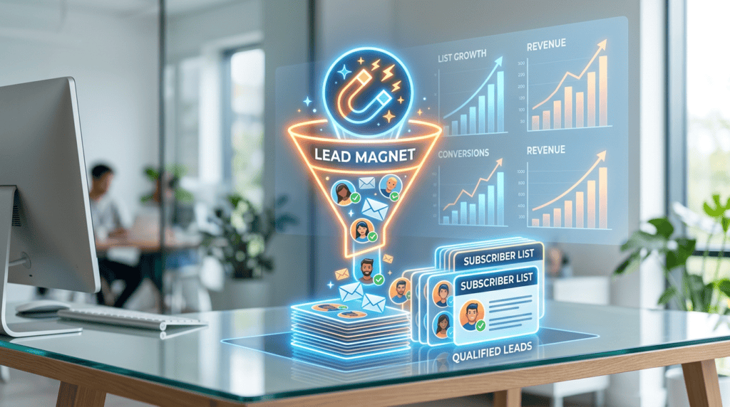 Conceptual visual of a high-converting lead magnet attracting qualified leads for business growth.