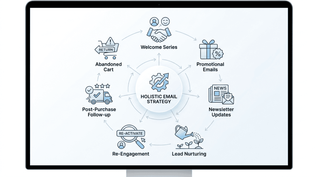 Infographic showing the interconnectedness of all 7 types of email marketing campaigns in a holistic strategy.