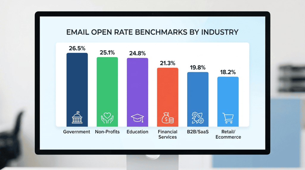 Infographic displaying average email open rate benchmarks across diverse industries.