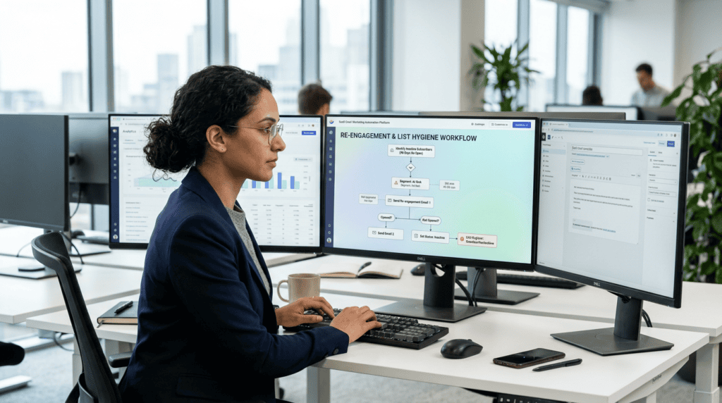 Email marketing strategist integrating re-engagement campaigns into an automated workflow for continuous list hygiene.