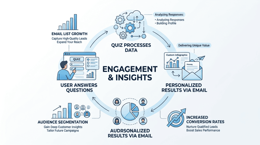 Infographic explaining how interactive quizzes capture email addresses by offering personalized results.