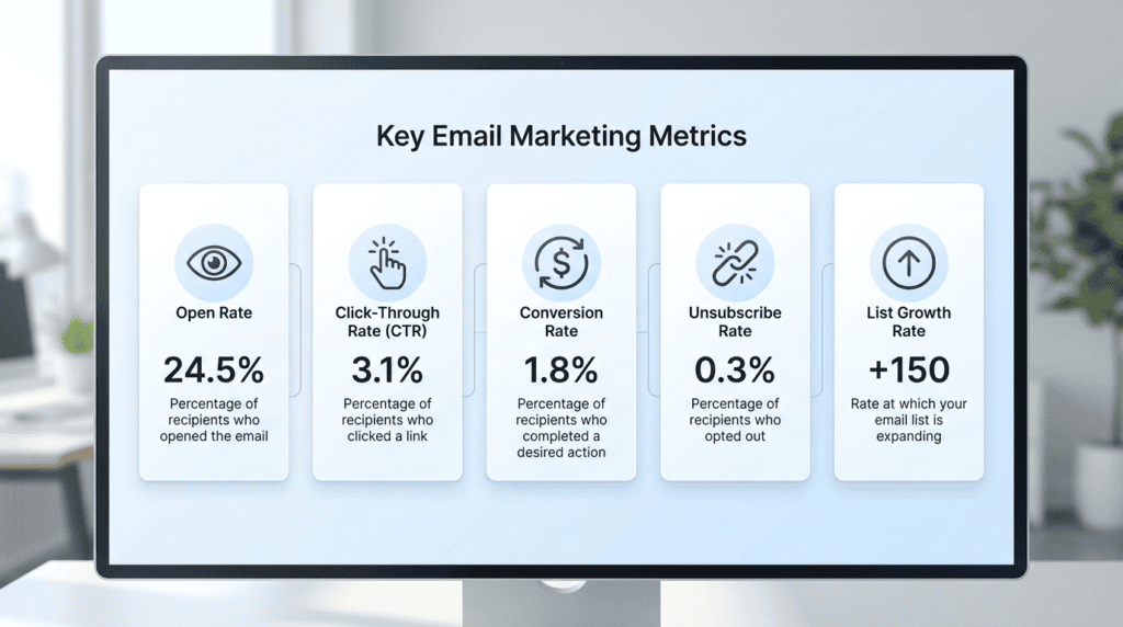 Infographic displaying key email marketing metrics like open rate, CTR, conversion rate, unsubscribe rate, and list growth rate.