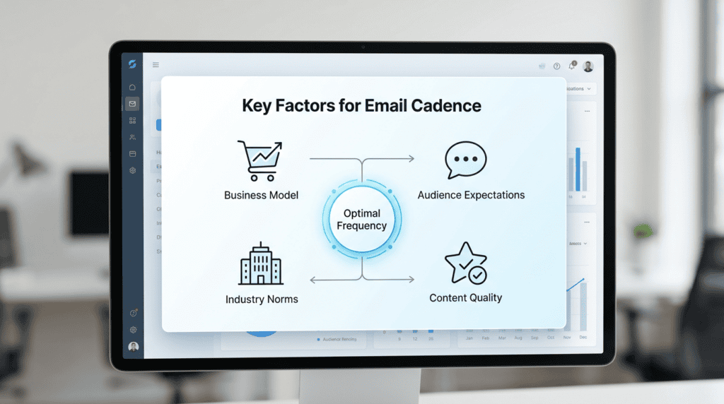 Infographic illustrating key factors determining optimal email sending frequency for marketing emails.