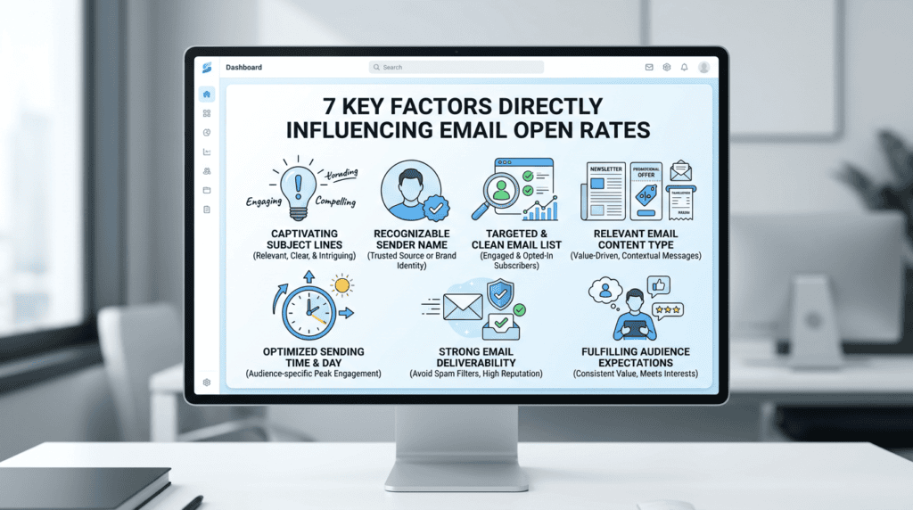 Infographic detailing 7 key factors influencing a good email open rate and email marketing success.