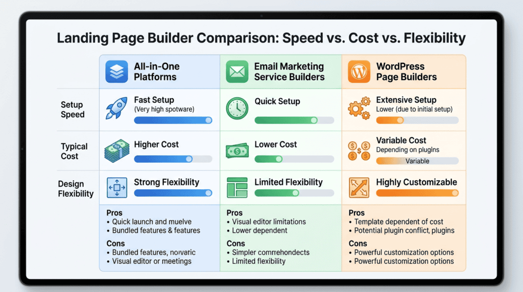 Comparison chart of landing page builders: All-in-One, Email Service, and WordPress.