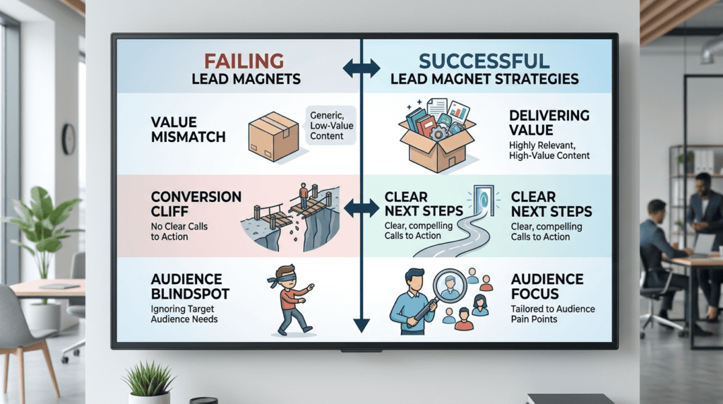 Comparison visual highlighting common lead magnet failures versus successful lead generation strategies.