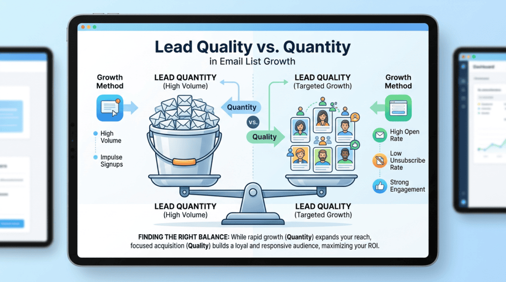 Infographic illustrating lead quality versus quantity, comparing popup volume to inline form engagement.