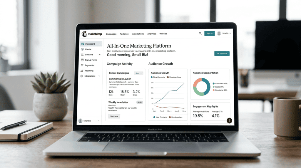 Mailchimp dashboard showcasing its all-in-one email marketing features for small business growth and audience management.