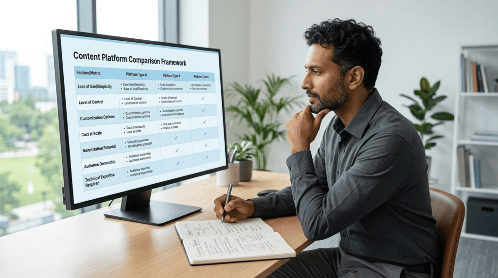 Expert creator analyzing a decision matrix for choosing the best paid newsletter platform.