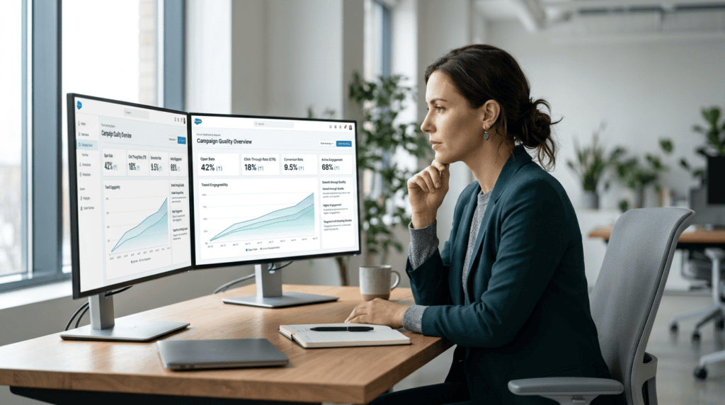 Marketing professional analyzing email analytics on a multi-monitor setup, emphasizing quality over quantity in list cleaning.