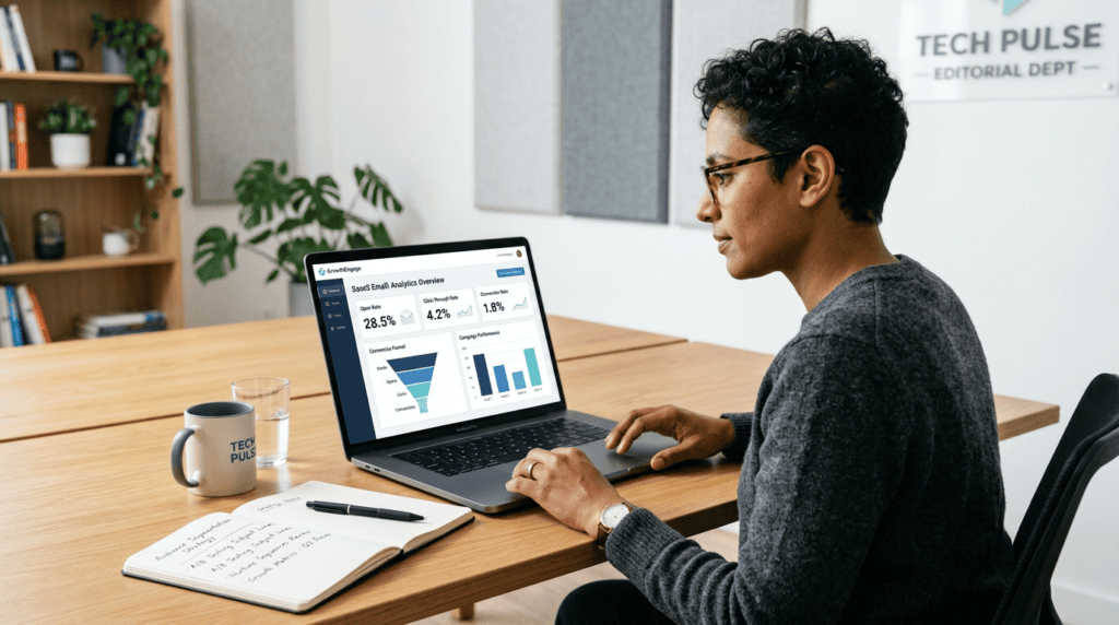 Professional marketer analyzing email marketing analytics on a laptop, demonstrating strategic review and growth.
