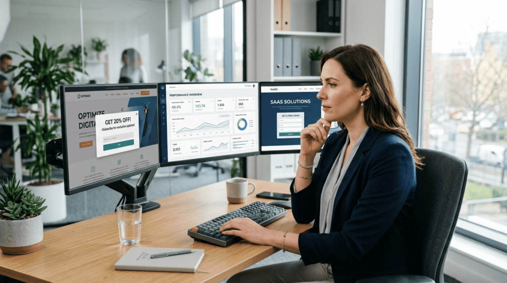 Digital marketer analyzing popup and inline form strategies on a multi-monitor setup in a professional office.