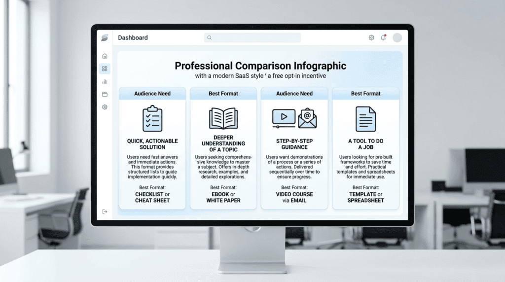Comparison infographic matching audience needs to free opt-in incentive formats.