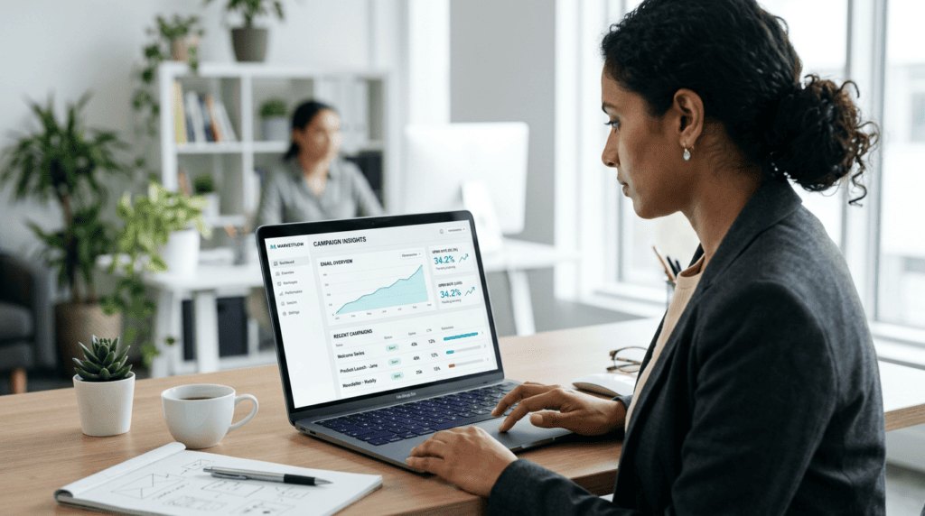 Professional marketer analyzing how to write email subject lines on a laptop dashboard to maximize open rates.